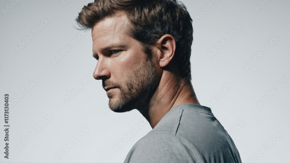 Obraz premium Profile of a man with a thoughtful expression in a minimalist studio setting during a photoshoot