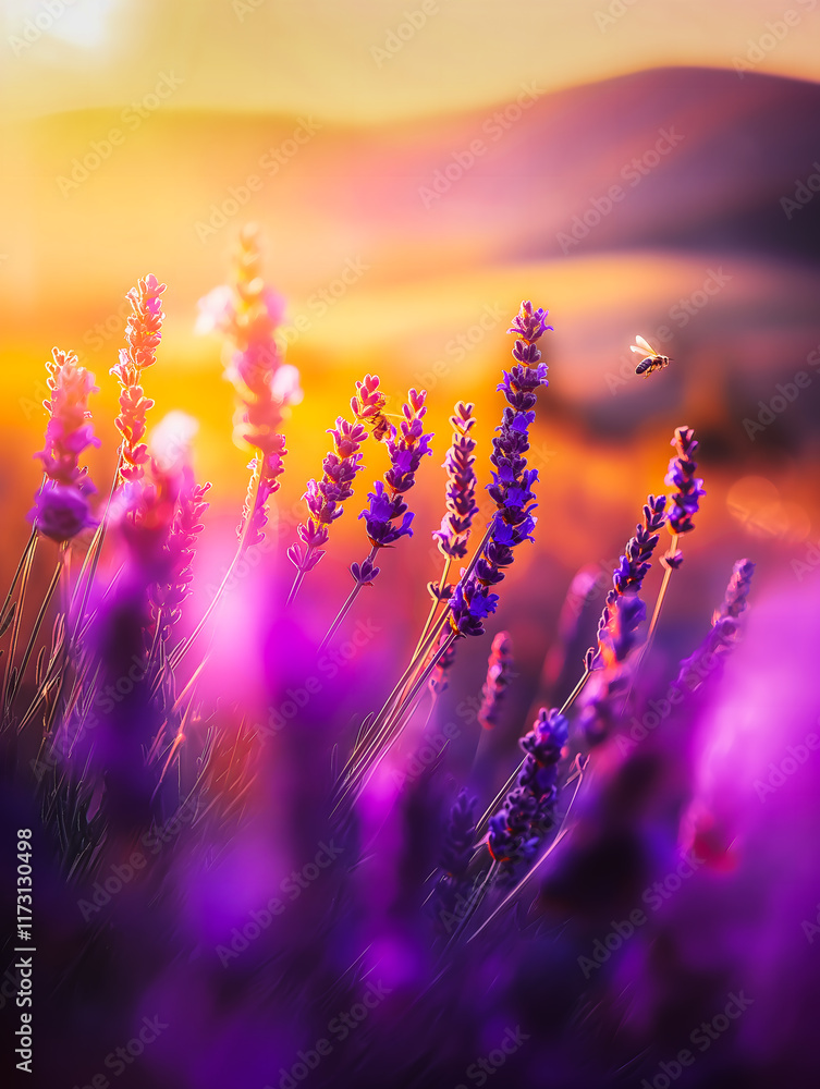 Naklejka premium Lavender plants swaying gently in a serene field, their vibrant purple blooms attracting bees. Soft morning sunlight bathes the scene in a warm golden glow, creating a tranquil scene.