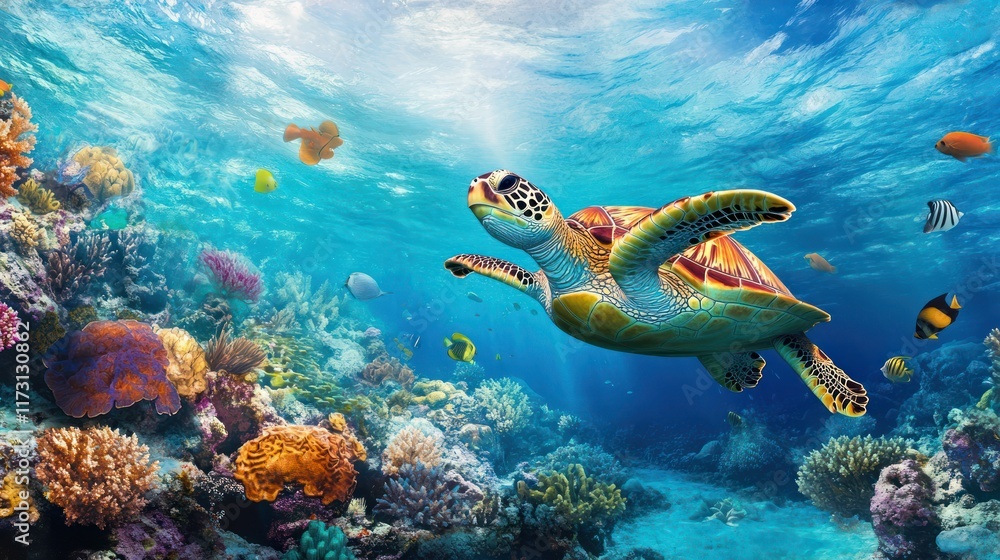 Naklejka premium Sea Turtle in Underwater Paradise