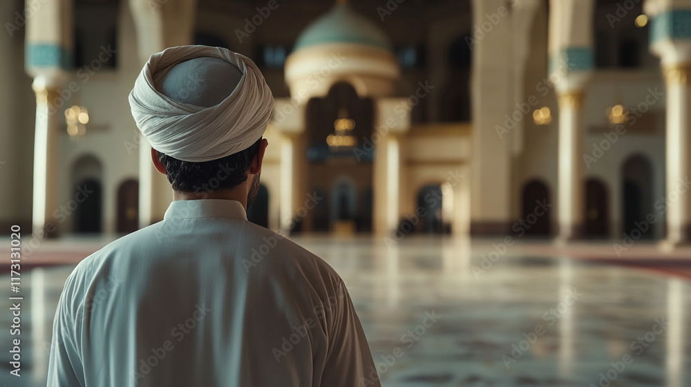 An Arab Man in a Traditional Turban Admiring a Grand Mosque, Embracing the Majestic Presence and Serene Atmosphere of Islamic Culture and Faith An Arab Man in a Traditional Turban Admiring a Grand Mosque, Embracing the Majestic Presence and Serene Atmosphere of Islamic Culture and Faith