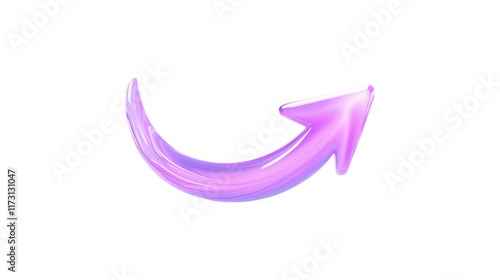 A purple arrow pointing down. The arrow is made of glass and is very shiny. It is on a trasparent background	