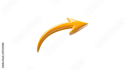 A orange arrow pointing down. The arrow is made of glass and is very shiny. It is on a trasparent background	