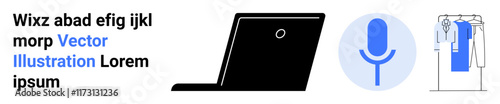 Text block, laptop, microphone icon, and garment rack with hanging clothes. Ideal for remote work, virtual meetings, online presentations, podcasts, broadcasting home office setup professional
