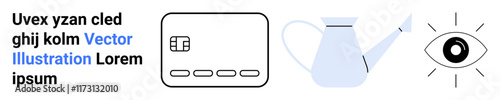 Digital card, watering can, and an eye symbol represent technology, growth, and vision. Ideal for user interfaces, tech presentations, growth strategies, eye care digital art educational content
