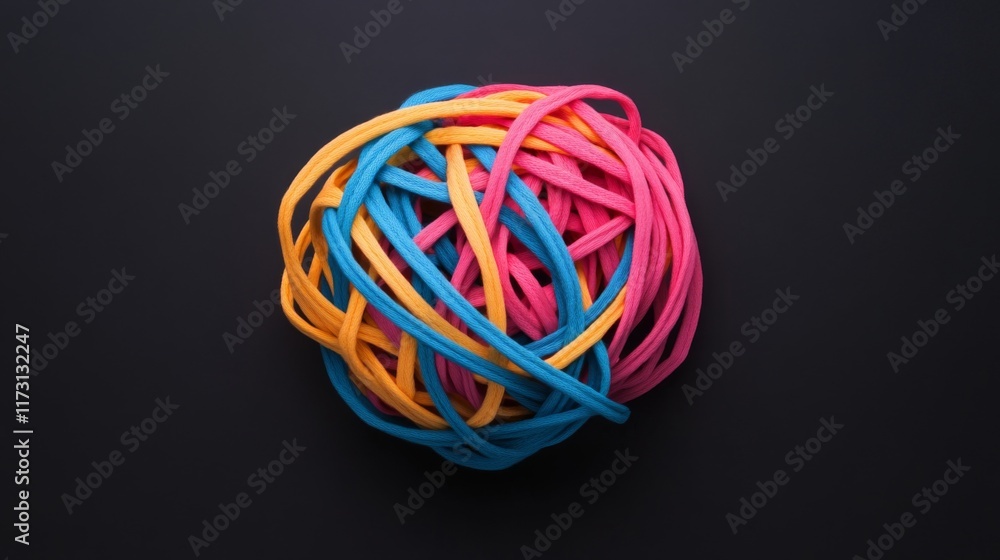 Colorful tangled rubber bands in a ball shape on black background. Colorful tangled rubber bands in a ball shape on black background.