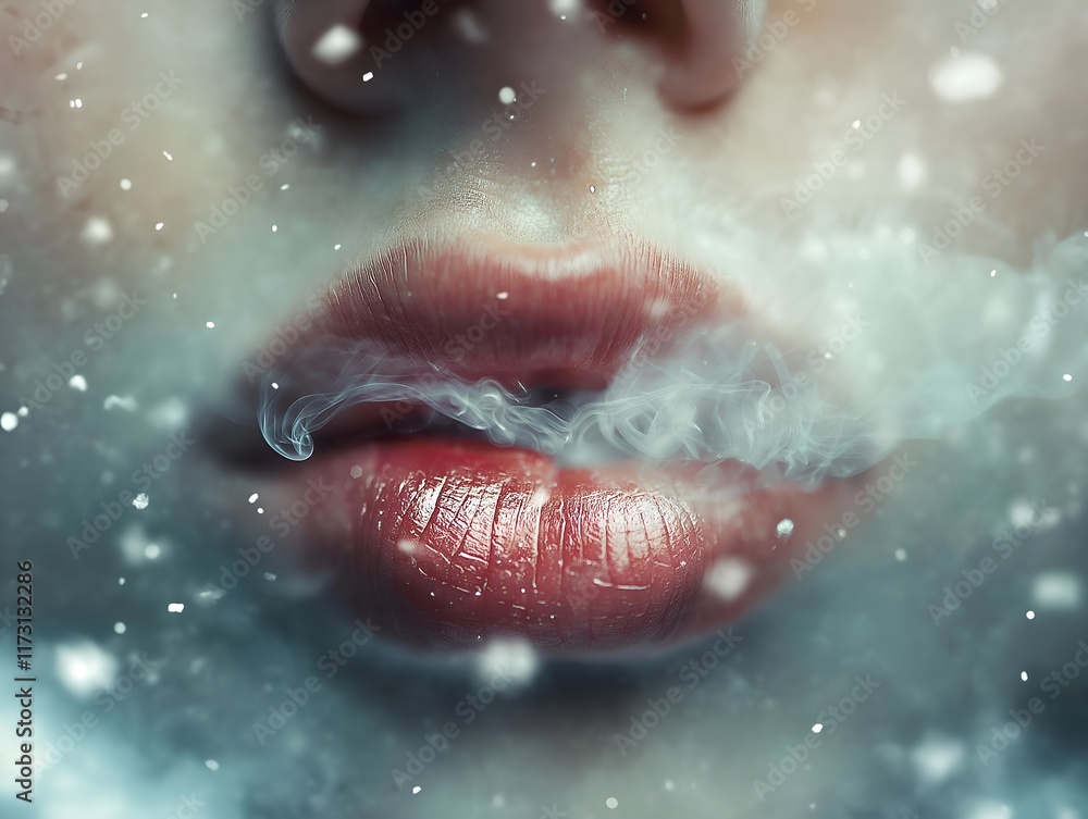 Fototapeta premium lips exhaling smoke and snow, winter scene.