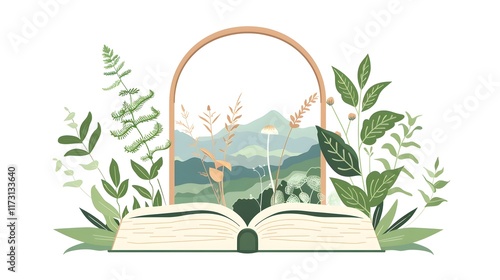 Open Book Revealing Nature s Beauty and Secrets in Serene Landscape with Lush Foliage and Distant Mountains photo