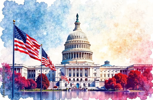 American flags against the backdrop of the Capitol, official ceremony.