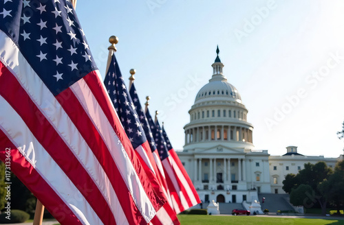 American flags against the backdrop of the Capitol, official ceremony.