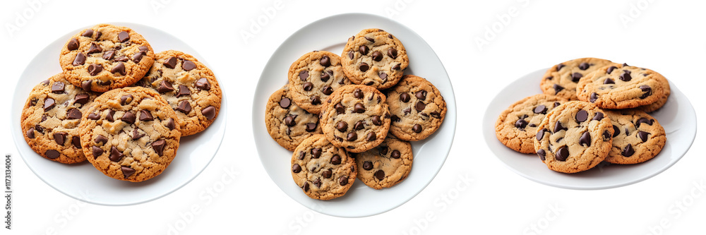A Set of Irresistible Chocolate Chip Cookies Displayed on a White Plate for Dessert Lovers Isolated on Transparent Background A Set of Irresistible Chocolate Chip Cookies Displayed on a White Plate for Dessert Lovers Isolated on Transparent Background