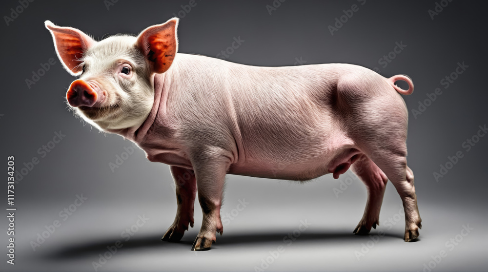 Pig standing in a studio setting with spotlight highlighting its features and textures Pig standing in a studio setting with spotlight highlighting its features and textures