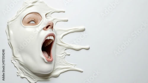 Melting Mask: Surreal portrait of a woman's face melting into a white, liquid substance, expressing anguish and distortion.   photo