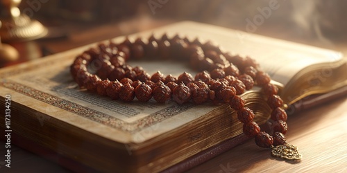 Sacred Unity: Rudraksha Mala on Holy Book photo