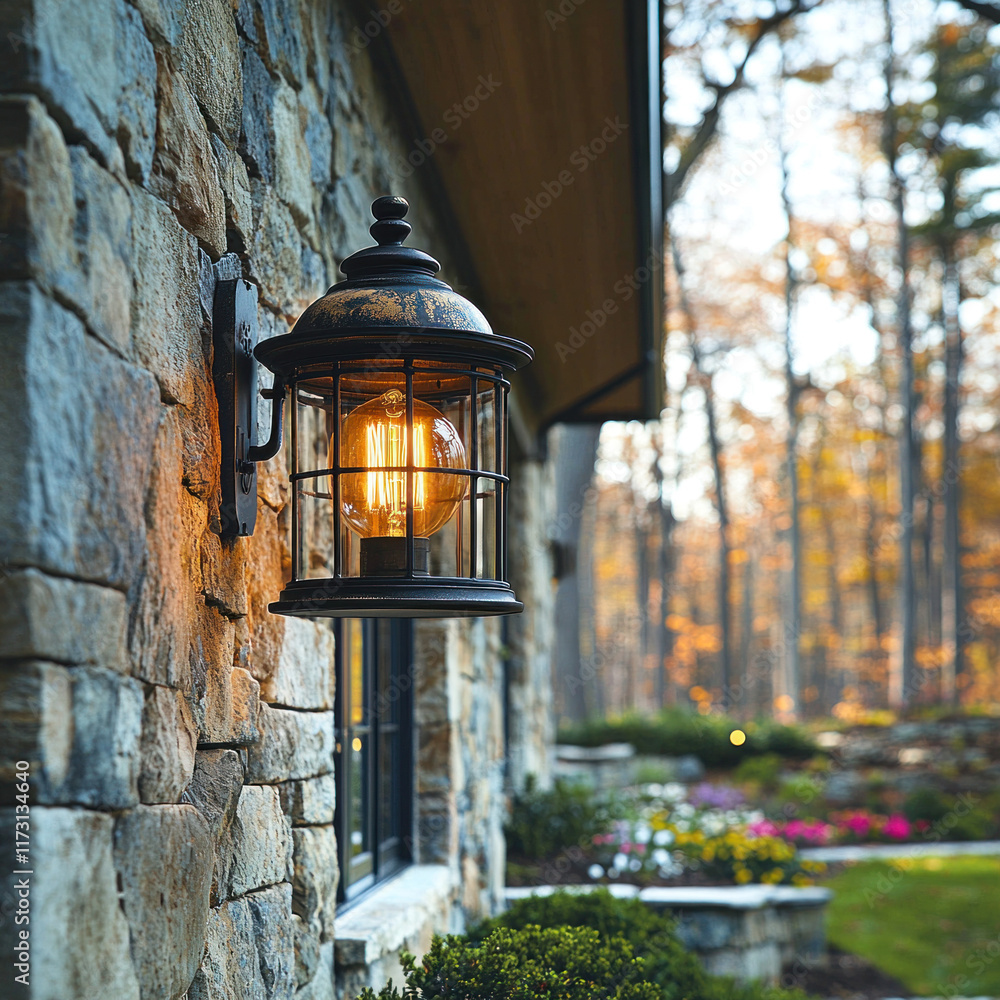 Rustic outdoor lantern glowing on stone house, autumn garden background, exterior lighting Rustic outdoor lantern glowing on stone house, autumn garden background, exterior lighting
