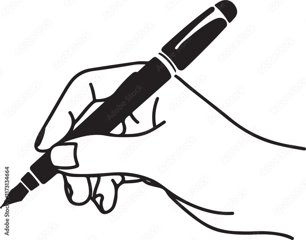 Obraz premium An icon illustrating a hand gripping a pen, silhouette vector on a white background.