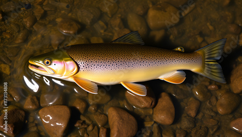 The brown trout Salmo trutta European species of salmonid fish widely introduced into suitable environments globally includes purely freshwater populations referred to as riverine ecotype photo