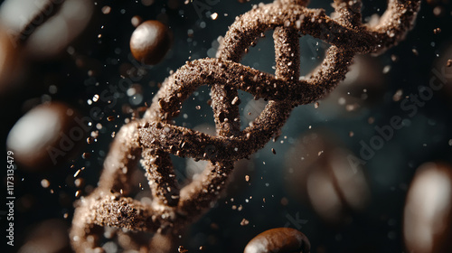 Fototapeta Naklejka Na Ścianę i Meble -  Coffee bean helix pattern floating in dark background showing artistic food concept with roasted bean creates genetic art