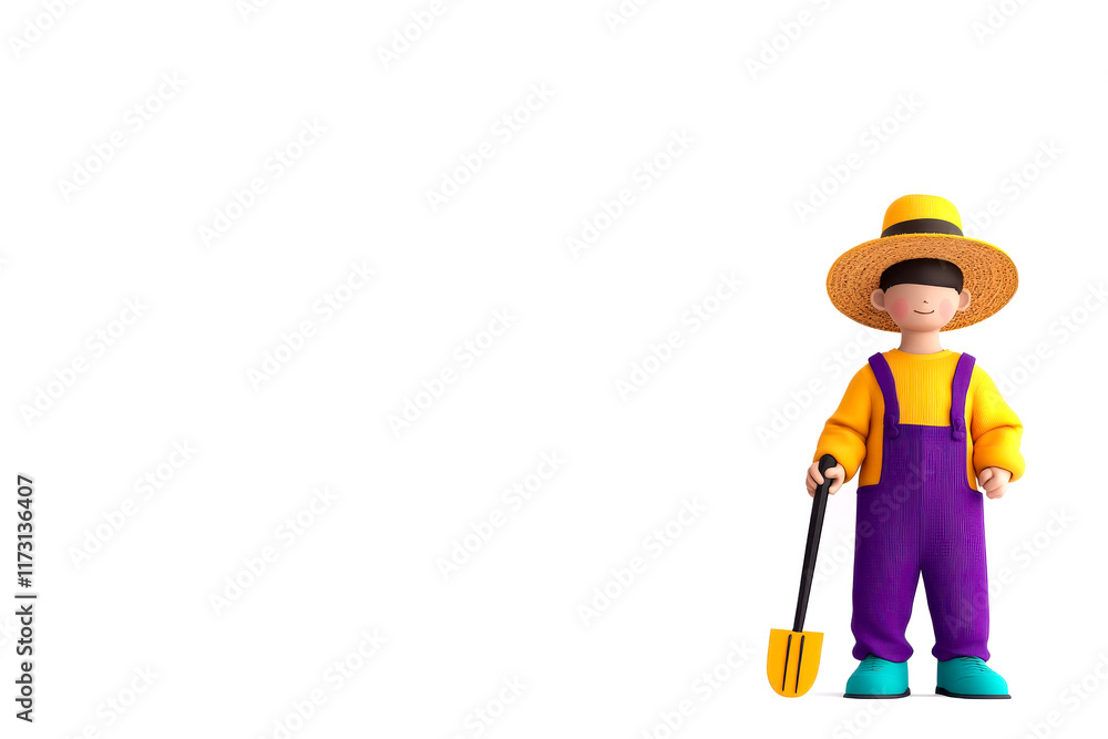 A colorful toy figure wearing a straw hat and overalls, holding a small shovel, set against a plain background. A colorful toy figure wearing a straw hat and overalls, holding a small shovel, set against a plain background.