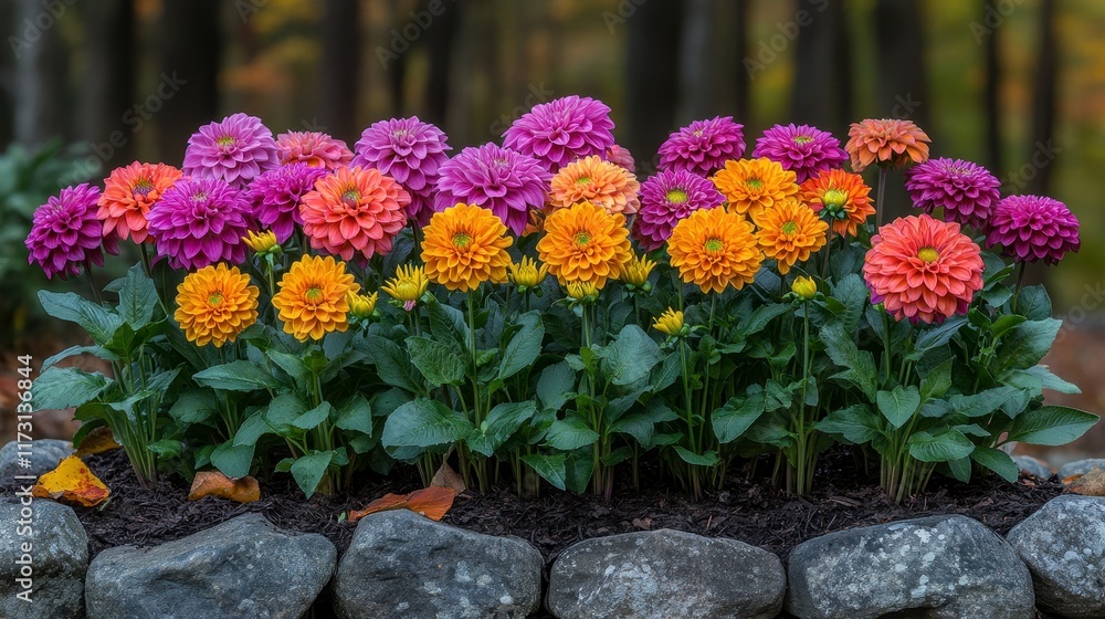 Obraz premium Vibrant multicolored dahlias in a garden bed, showcasing a variety of colors and textures.