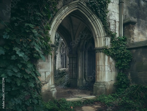 gothic arched doorway with ivy, dark and atmospheric scene.
