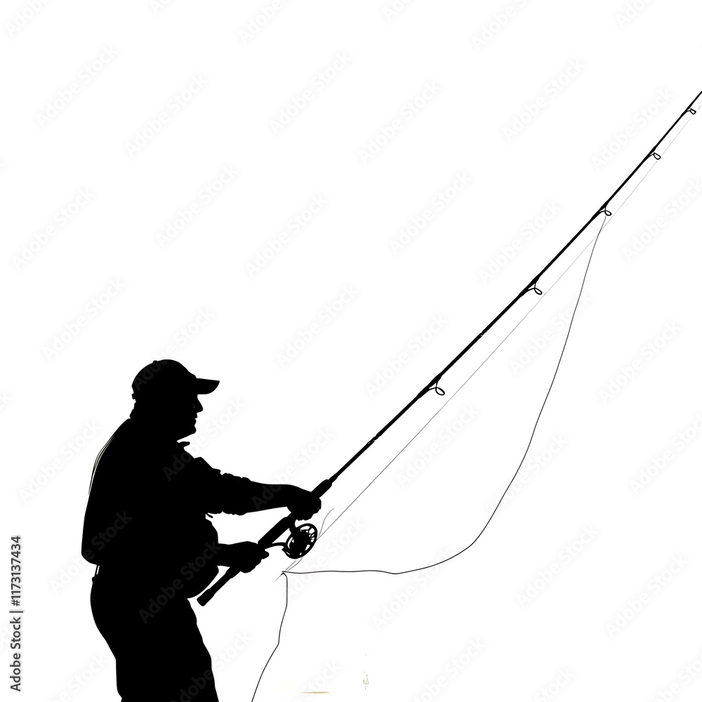 Obraz premium Silhouette of a fishing pole with a fish hook on a white background
