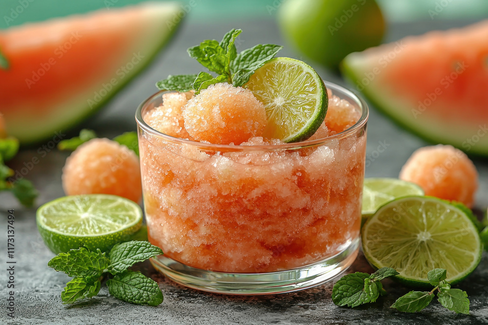 Watermelon lime mint granita scoops in glass on table with fruit background Watermelon lime mint granita scoops in glass on table with fruit background