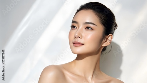 Young Asian woman with flawless skin natural makeup soft lighting gentle touch serene expression beauty portrait clear complexion minimalist background