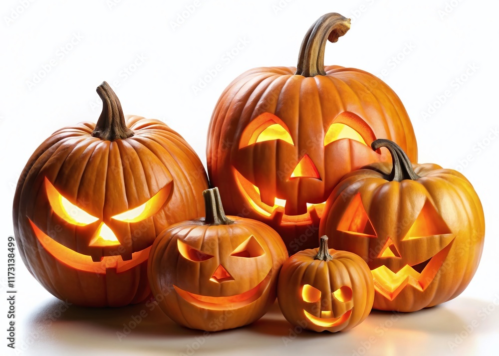 Carved Halloween Jack-o'-Lantern Pumpkins, Isolated on White Background - Festive Autumn Harvest Decoration Carved Halloween Jack-o'-Lantern Pumpkins, Isolated on White Background - Festive Autumn Harvest Decoration