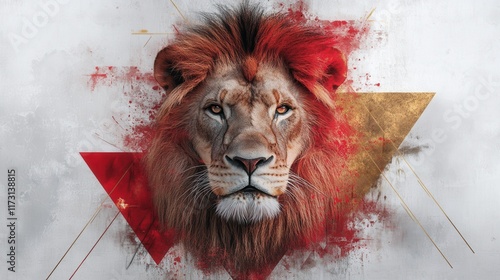 A striking artistic depiction of a lion's face surrounded by vibrant geometric shapes and splashes of color, symbolizing strength and majesty. photo