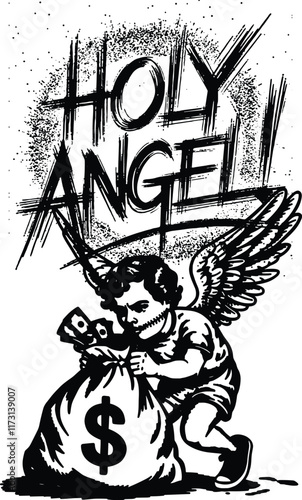 angel steals money illustration for tshirt design. grunge angel tshirt illustration. angel tattoo