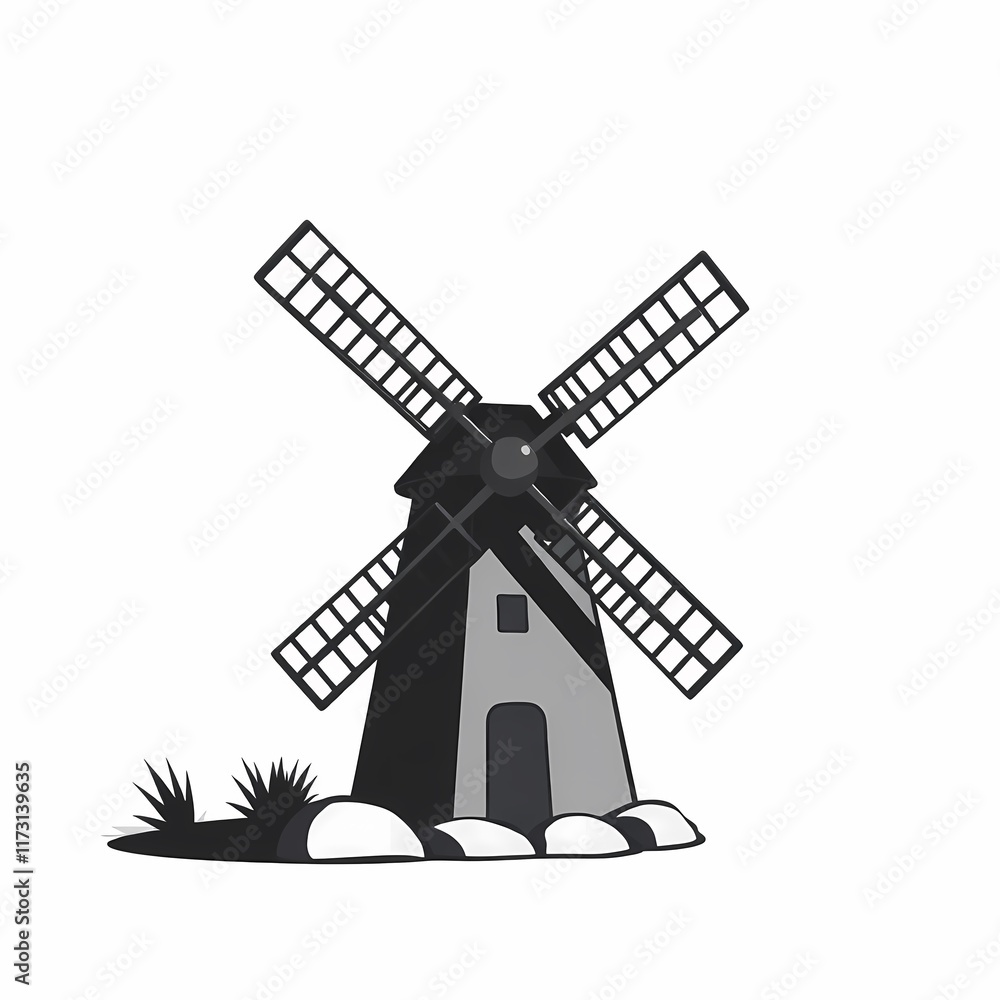 Windmill Serenity: A grayscale illustration of a classic windmill, standing serene amidst subtly rendered landscape elements. Evokes a sense of calm, rustic charm, and timeless tradition. Windmill Serenity: A grayscale illustration of a classic windmill, standing serene amidst subtly rendered landscape elements. Evokes a sense of calm, rustic charm, and timeless tradition.