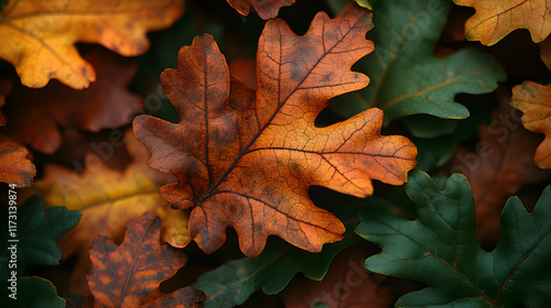 Close up of Oak Leaves in Deep Orange Rich Brown and Lush Green with Visible Veins and Rough Textures Against Blurry Background