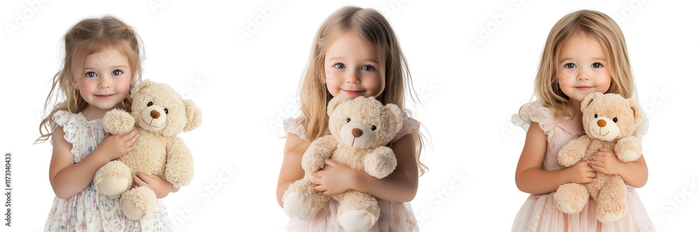 A Set of Adorable Little Girl Poses with a Teddy Bear Isolated on Transparent Background A Set of Adorable Little Girl Poses with a Teddy Bear Isolated on Transparent Background