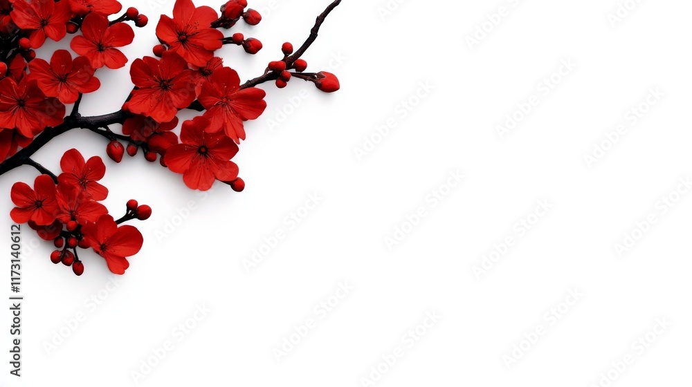 Fototapeta premium Red Plum Blossoms on White: A delicate branch of vibrant red plum blossoms graces the corner of a pristine white background, creating a minimalist yet striking composition.