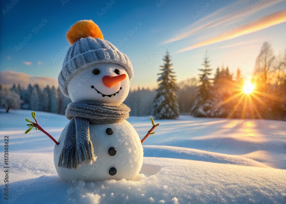 Obraz premium Cheerful Snowman in Gray Knit Hat, Snowy Winter Scene - Stock Photo