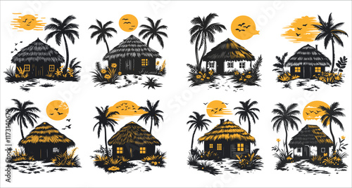 Beach hut and palm tree silhouettes vector, Beautiful tropical beach hut and palm tree silhouettes, Tropical beach huts with palm trees and sunsets silhouettes, Tropical cottages silhouettes