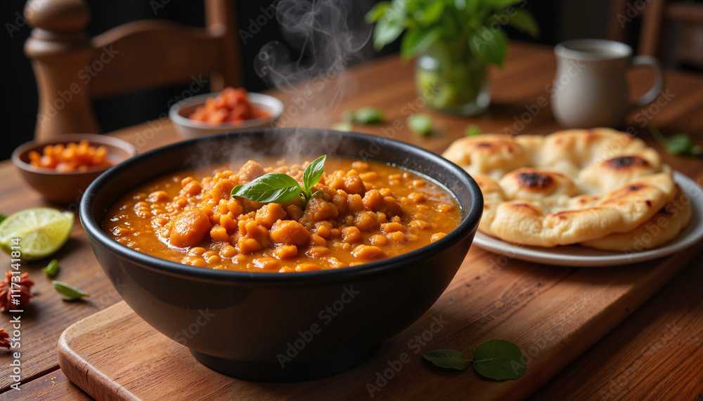Steaming bowl of spicy lentil dhal with naan in cozy dining setting Steaming bowl of spicy lentil dhal with naan in cozy dining setting