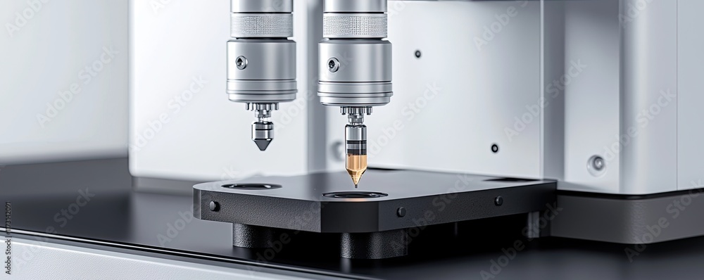 The image shows a precision instrument with dual nozzles positioned above a black platform, likely used for advanced manufacturing or automation. The image shows a precision instrument with dual nozzles positioned above a black platform, likely used for advanced manufacturing or automation.