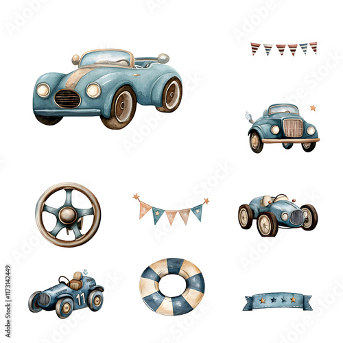 generative ai.A collection of vintage racing cars, trophies, and playful figures in a charming layout, featuring soft colors and nostalgic designs, perfect for a themed celebration or decor. photo