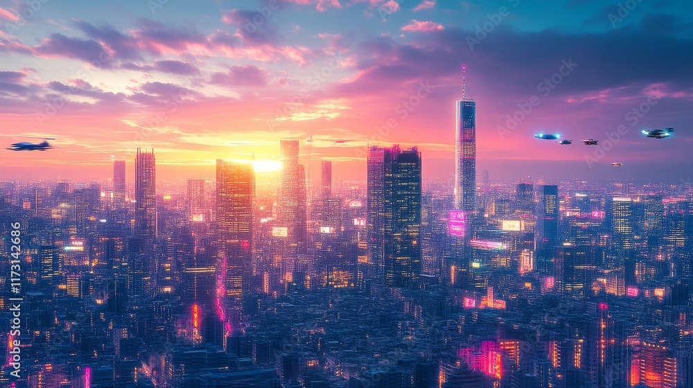 Fototapeta premium A vibrant city skyline at sunset, featuring futuristic buildings and flying vehicles against a colorful sky.