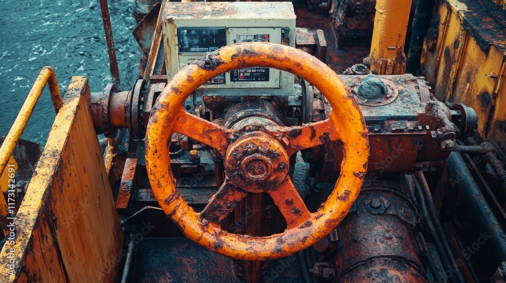 Rusty Industrial Controller on a Heavy Machinery Vessel at Sea