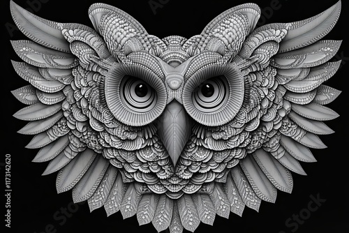 Intricate grayscale owl with large wings, detailed feathers and intense eyes, isolated on black background.