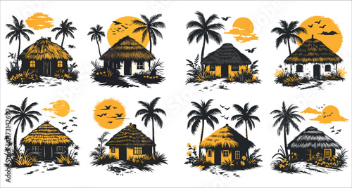 Beach hut and palm tree silhouettes vector, Beautiful tropical beach hut and palm tree silhouettes, Tropical beach huts with palm trees and sunsets silhouettes, Tropical cottages silhouettes