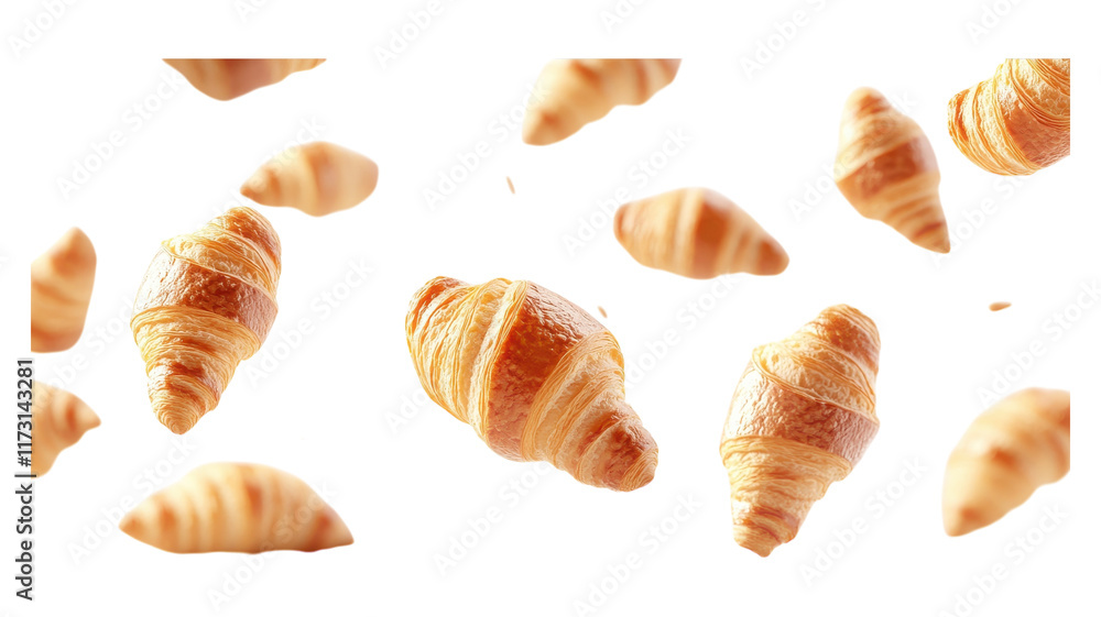 Assorted freshly baked croissants scattered against a transparent background, showcasing various shapes and sizes typical of breakfast pastries. Assorted freshly baked croissants scattered against a transparent background, showcasing various shapes and sizes typical of breakfast pastries.