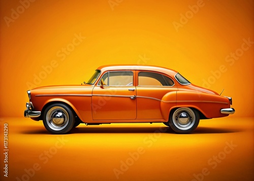 Classic Orange Car, Vibrant Yellow Background - Panoramic Side View Stock Photo photo