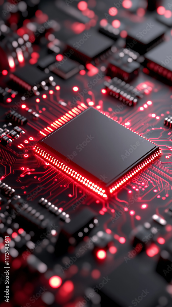 sleek silicon microchip on a motherboard with red neon light. sleek silicon microchip on a motherboard with red neon light.