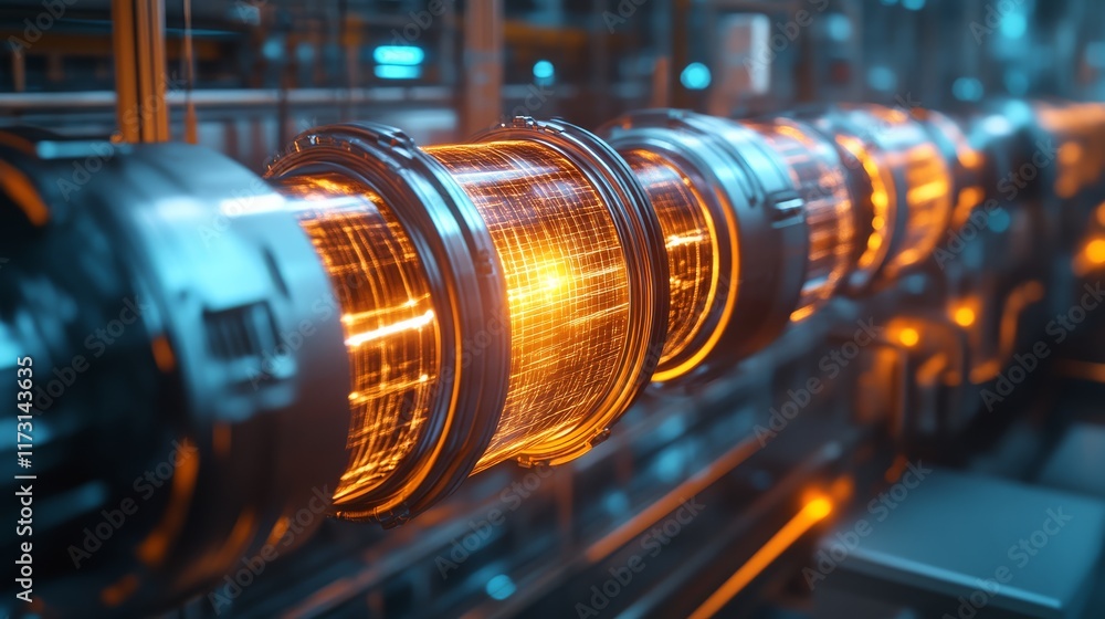 Obraz premium A futuristic energy conduit emits a glowing orange light, surrounded by high-tech machinery in a sleek, industrial environment.