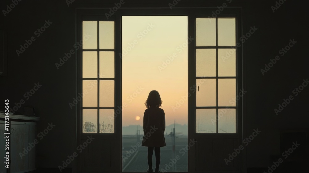 Silhouette of child looking at sunrise through open doors. Silhouette of child looking at sunrise through open doors.
