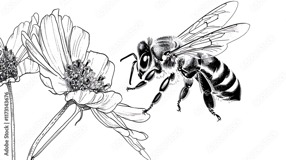 Obraz premium Outline of a honeybee flying near a flower on a white background