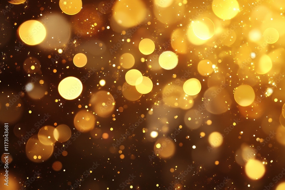 Golden bokeh lights sparkle on dark background. Perfect for celebratory designs, adding a touch of luxury and elegance to your projects.